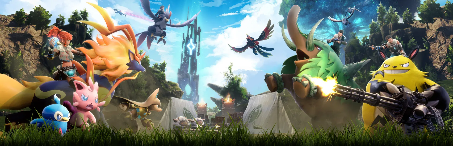 Palworld-Keyart: Spielfiguren mit ihren Pals vor einem Turm auf den Palpagos-Inseln