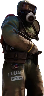 Ein Überlebender in Rust mit Gasmaske und Schutzanzug